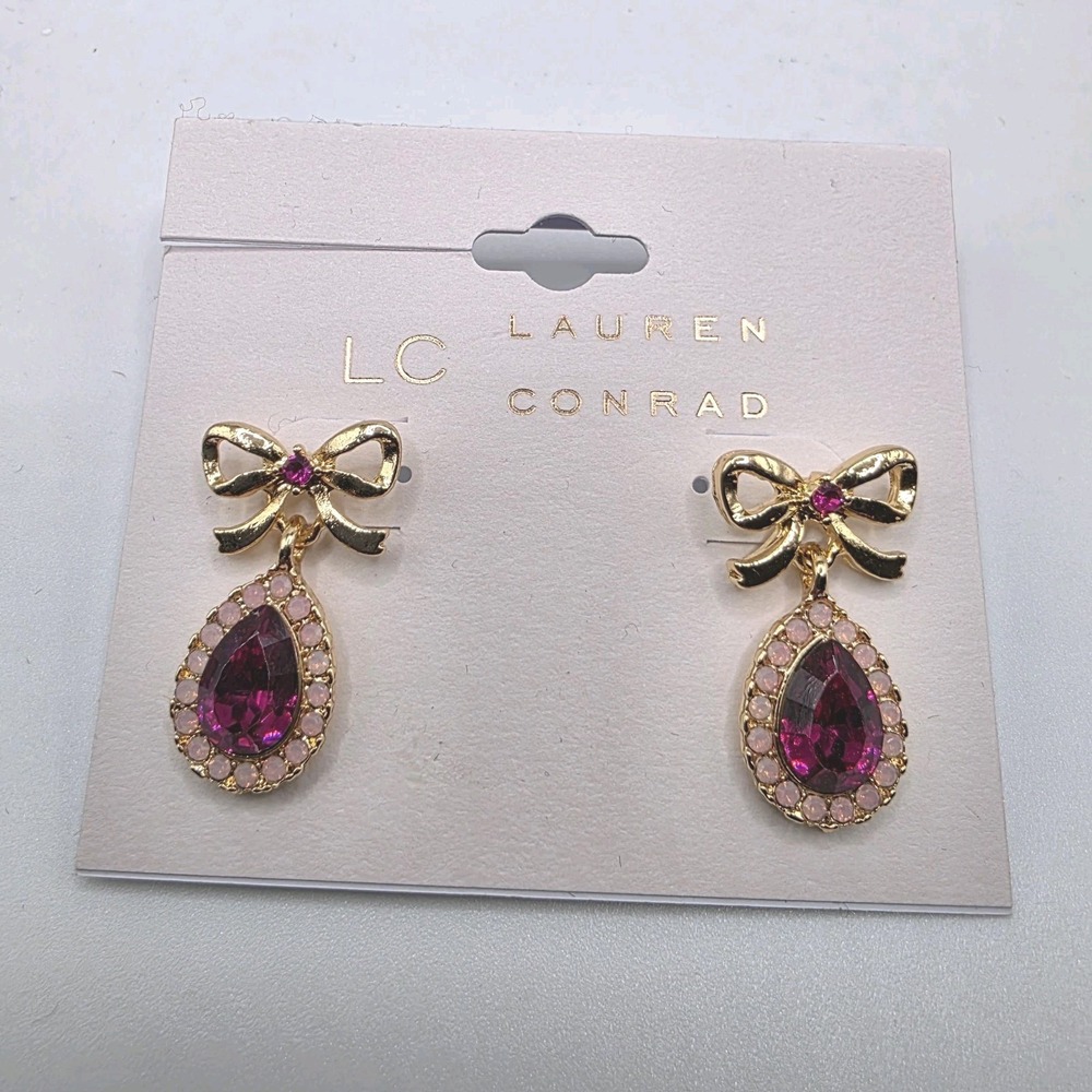 LC Lauren Conrad Earrings Gold Tone Crystal Purple Rhinestones Bow Drop NWT